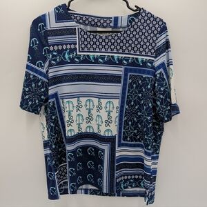 Bonworth Nautical Patchwork Print Top Small Petite Coastal Grandma Anchor Blue
